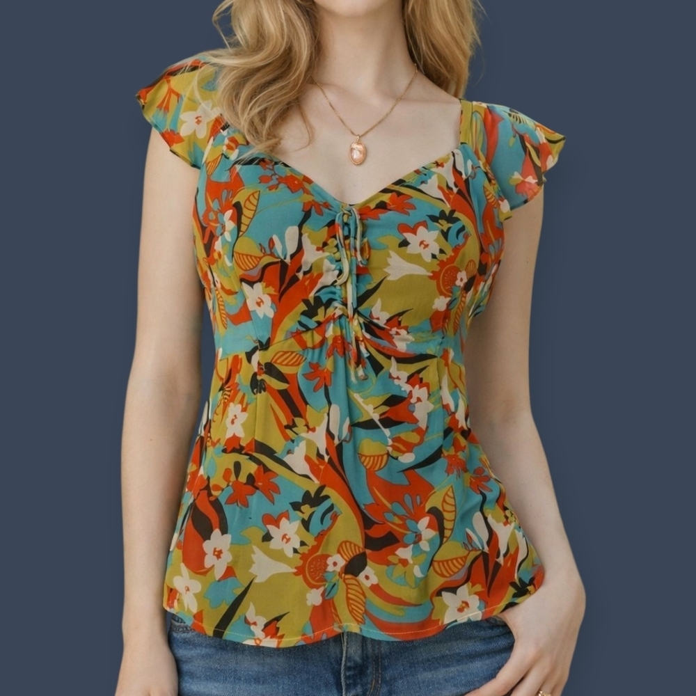 VTG Bentley A Retro Miami Teal Lime Green Fairycore Floral Chiffon Blouse